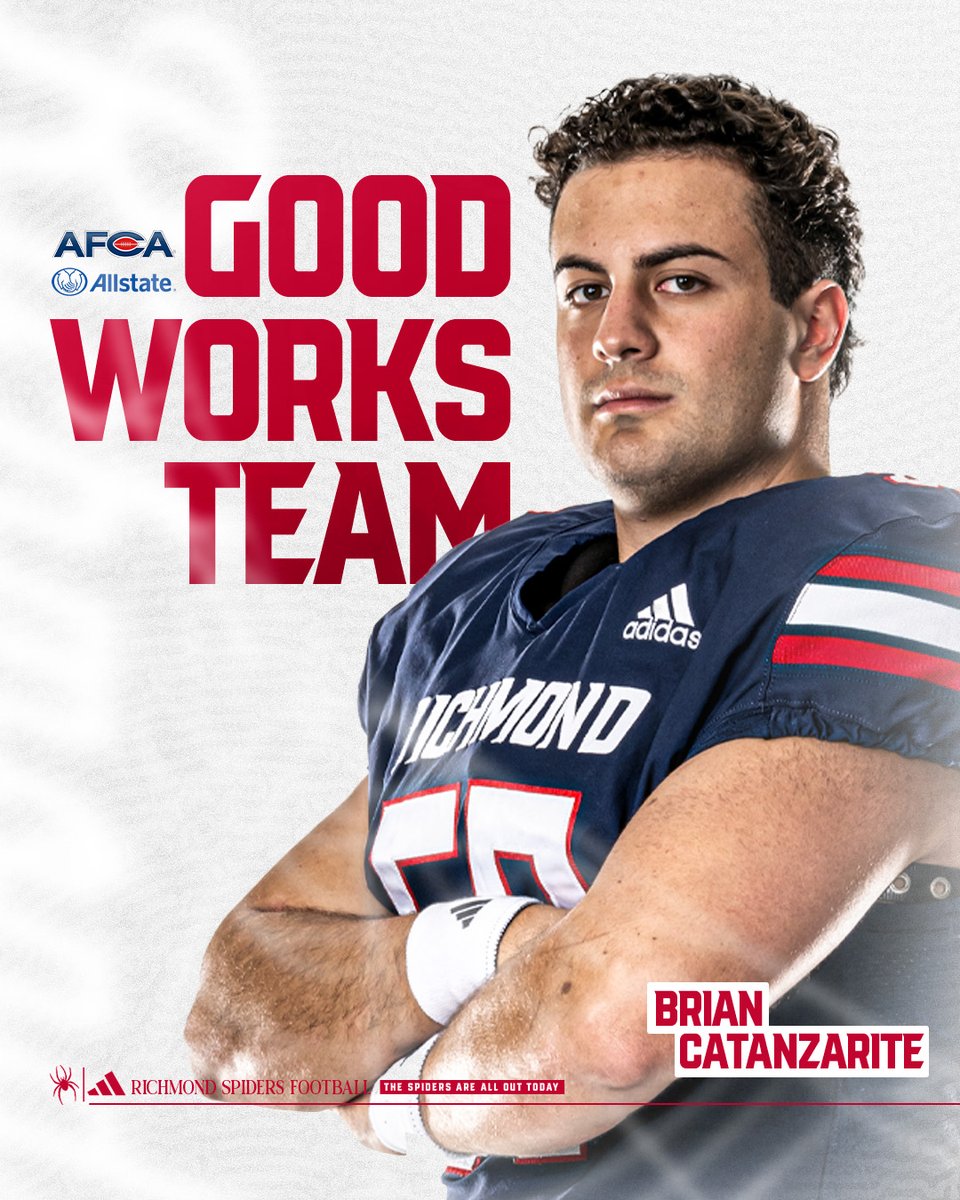 Richmond Spiders Football (@spiders_fb) on Twitter photo Great football player, even better person.
Congrats to <a href="/Bcatanz29/">@BrianCatanzarite</a> on being named to the <a href="/WeAreAFCA/">AFCA</a> Allstate Good Works Team for his involvement with <a href="/RALtweets/">RichmondAnimalLeague</a>, helping pets in need!
#OneRichmond Great football player, even better person.
Congrats to <a href="/Bcatanz29/">@BrianCatanzarite</a> on being named to the <a href="/WeAreAFCA/">AFCA</a> Allstate Good Works Team for his involvement with <a href="/RALtweets/">RichmondAnimalLeague</a>, helping pets in need!
#OneRichmond