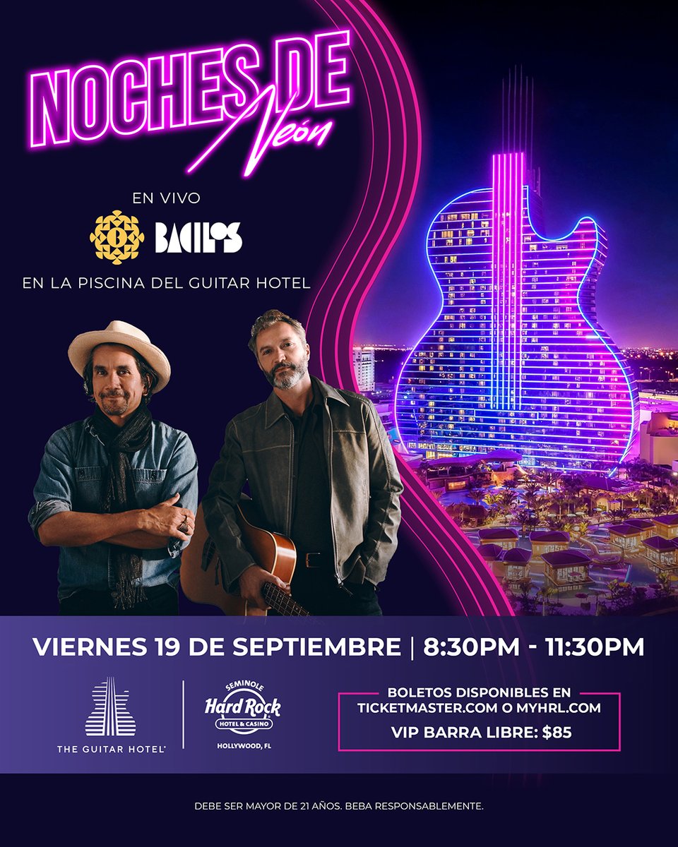 Bacilos en “Noches de Neón” en la piscina del Guitar Hotel 🕺🔥 Viernes 19 de Septiembre a las 8:30 pm! ¡Boletos a la venta al mediodía! En ticketmaster.com