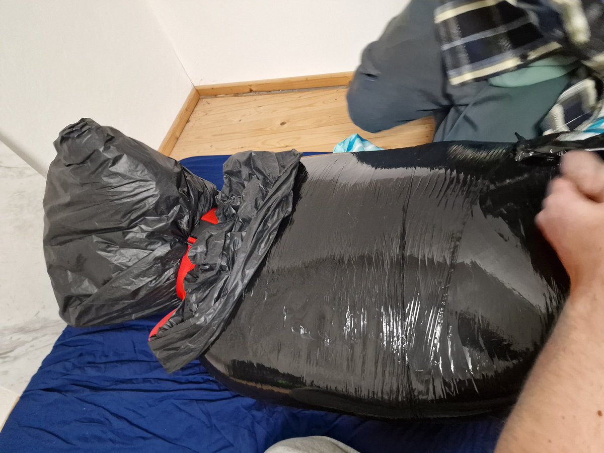 Tightly wrapped and sealed off for maximum freshness 😏

First time trying this out, didn’t expect it to be THAT TIGHT!!!  

Struggling to breath even before the bag went on my head 😤

Thankyou <a href="/PupTayo/">Bsky: Tayoad</a> <a href="/AceSkullDog/">Bsky: zangos.place</a> 

#bdsm #breathplay #mummification