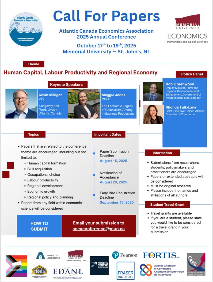 LynnGambin's tweet image. Call for papers now out for the 2025 Atlantic Economics Association conference being hosted October 17-19 in St. John’s
economics.acadiau.ca/conferences.ht… #economics #econconference
@aceadei
