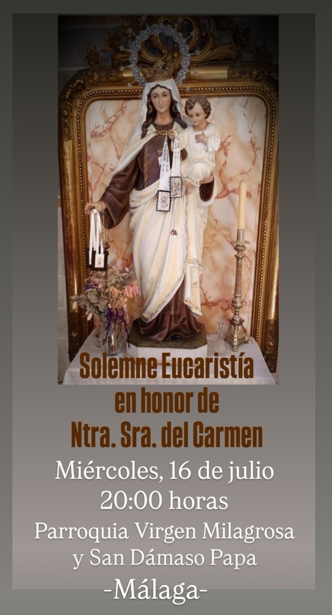 Esta tarde nos unimos de nuevo en la parroquia en torno a nuestra Madre, en esta ocasión bajo la advocación del Carmen. Que Ella nos proteja siempre.

📍Eucaristía: miércoles 16.
🕙 20:00 horas.

<a href="/DiocesisMalaga/">Diócesis de Málaga</a> #VirgenDelCarmen #CARMEN #MadredeDios #VirgenMaria