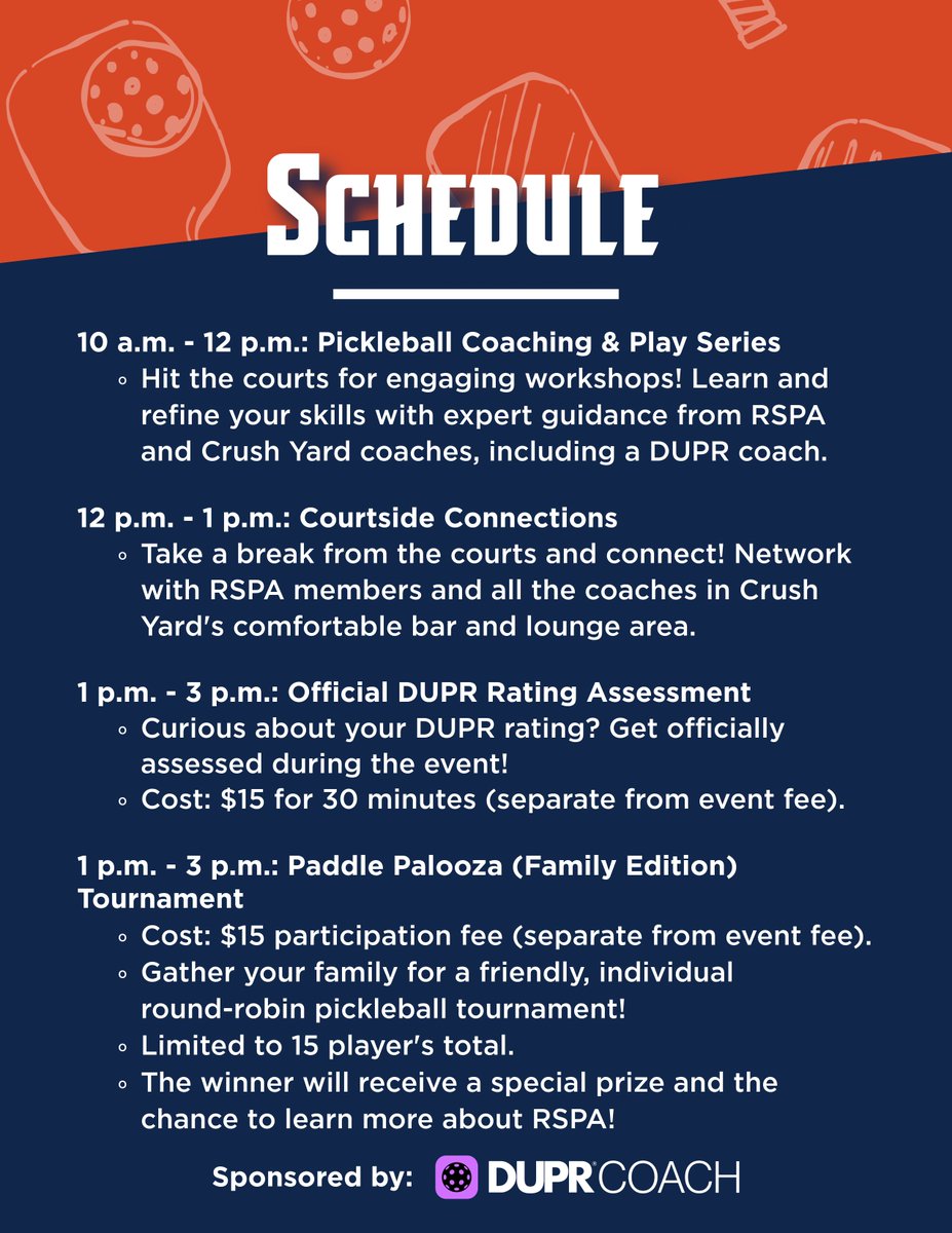 📣 Join RSPA and Crush Yard Orlando for National Pickleball Day! 

This is more than a game—it’s a full-day celebration of community, coaching, and competition. 

7840 W. Irlo Bronson Memorial Hwy, Kissimmee 
August 8 |  10 AM–3 PM 
Event Fee: $15 
bit.ly/4eYB2fI