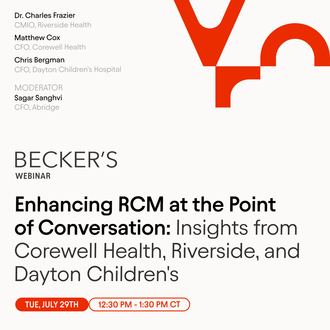 AbridgeHQ's tweet image. 𝗛𝗲𝗮𝗹𝘁𝗵𝗰𝗮𝗿𝗲 𝗖𝗙𝗢 𝗪𝗲𝗯𝗶𝗻𝗮𝗿: Join leaders from @CorewellHealth, @riverside, and @DaytonChildrens for an insight-packed discussion on:
- Reducing clinician burnout and workforce shortages with ambient AI
- Driving adoption that leads to rapid impact from care teams…