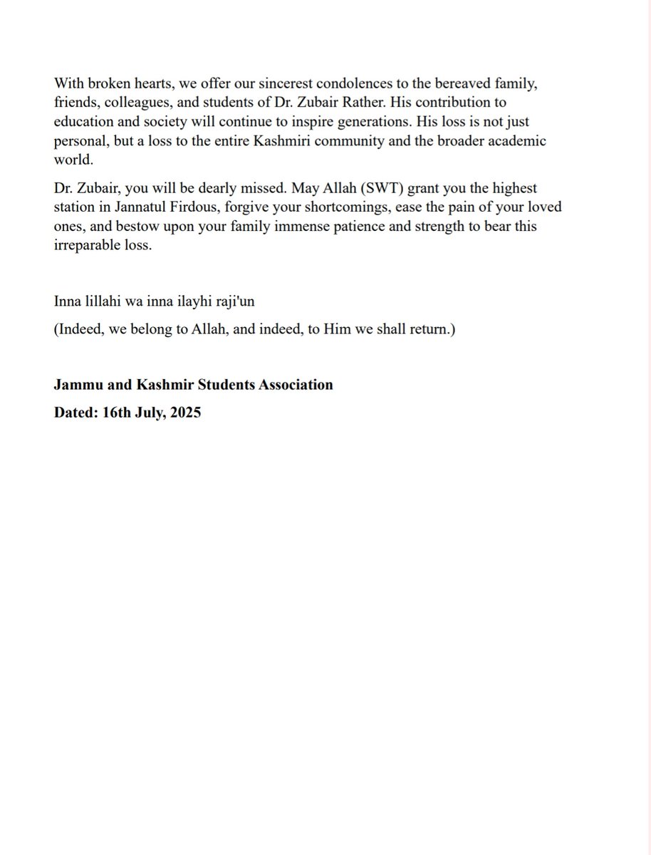 J&K Students Association (@jkstudentsasso) on Twitter photo Jammu and Kashmir Students Association expresses deep condolence on the tragic demise of Dr. Zubair Rather; demands a time-bound probe and a govt job for the bereaved family.
We also seek immediate financial support & rehabilitation for his orphaned children.
<a href="/GreaterKashmir/">Greater Kashmir</a> Jammu and Kashmir Students Association expresses deep condolence on the tragic demise of Dr. Zubair Rather; demands a time-bound probe and a govt job for the bereaved family.
We also seek immediate financial support & rehabilitation for his orphaned children.
<a href="/GreaterKashmir/">Greater Kashmir</a>