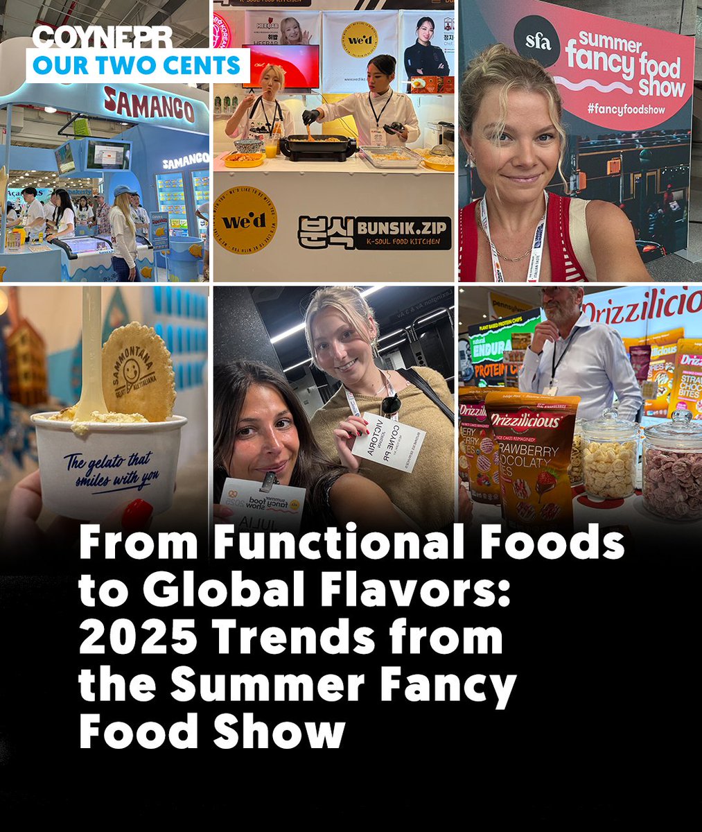 CoynePR's tweet image. Mushroom coffee ☕️. Dubai chocolate 🍫. Gochujang everything 🌶️.

Our Food &amp;amp; Beverage Team just returned from #FancyFoodShow2025 with trend insights that will shape the future of F&amp;amp;B marketing.

Get the full recap 👉 bit.ly/3Grjf40
#FoodTrends #CleanLabel