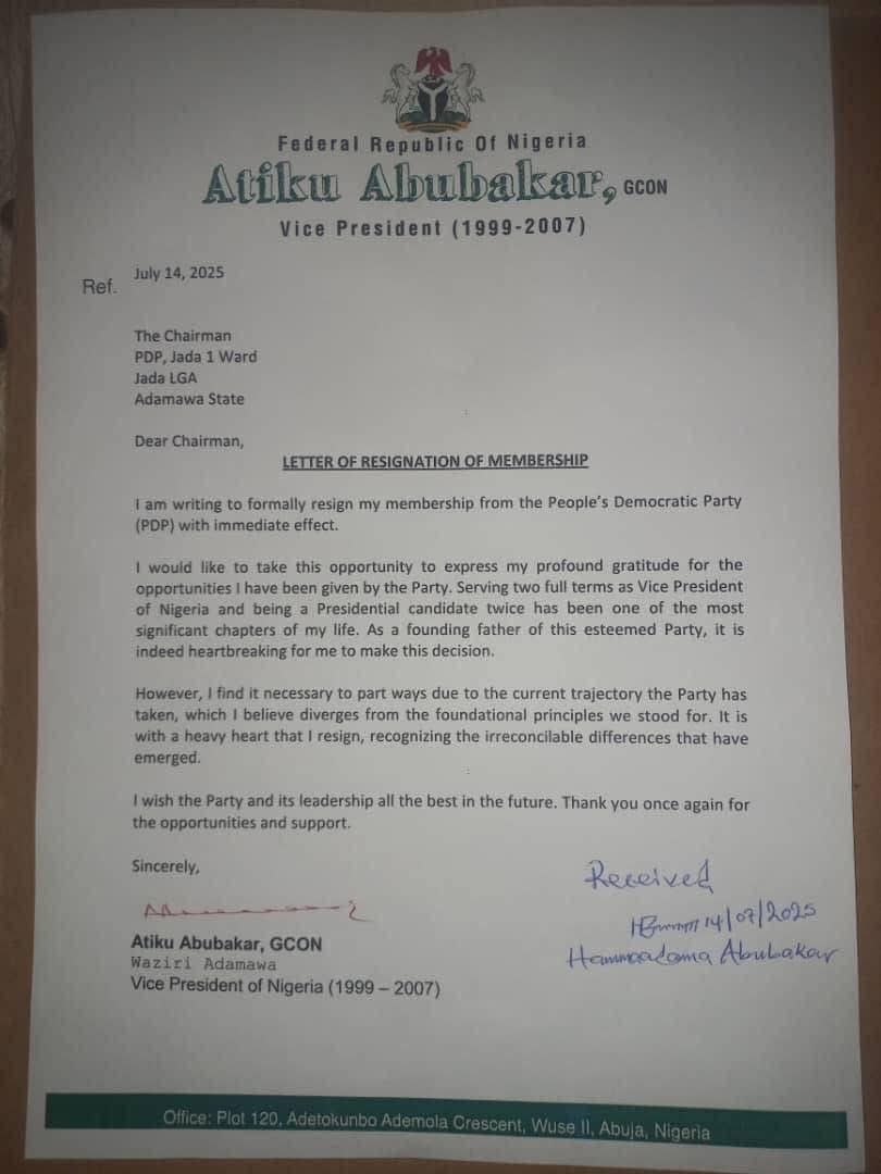 BREAKING: Atiku Abubakar, the former Vice President, has announced his resignation from the People's Democratic Party (PDP).