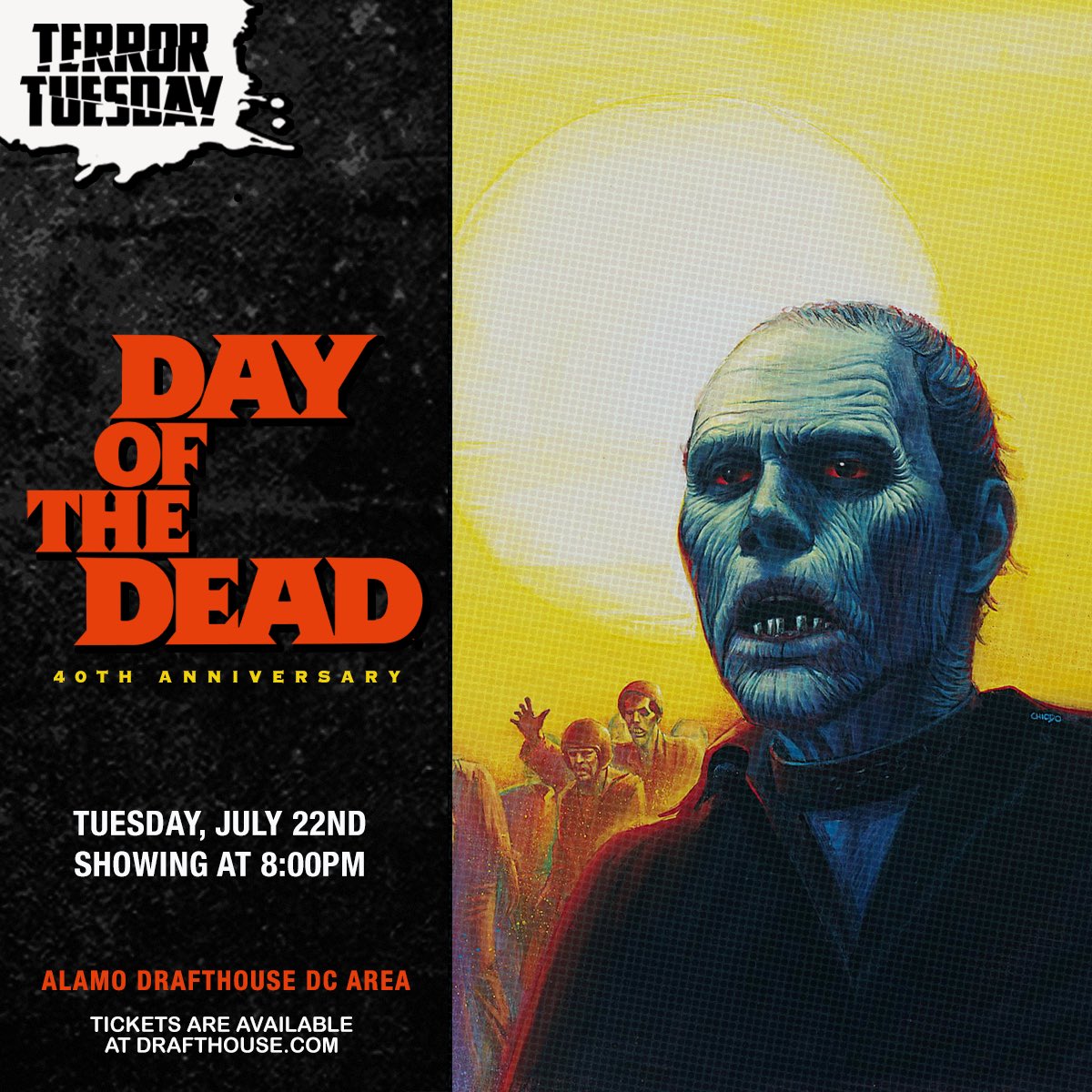 AlamoDC's tweet image. Prepare yourself for the darkest day of horror the world has ever known! This #TerrorTuesday, George A. Romero’s apocalyptic zombie gorefest #DayOfTheDead is back on the big screen for its 40th anniversary.
Hosted by @epicfilmguys Podcast in Ashburn
🎟️: drafthouse.com/event/terror-t…
