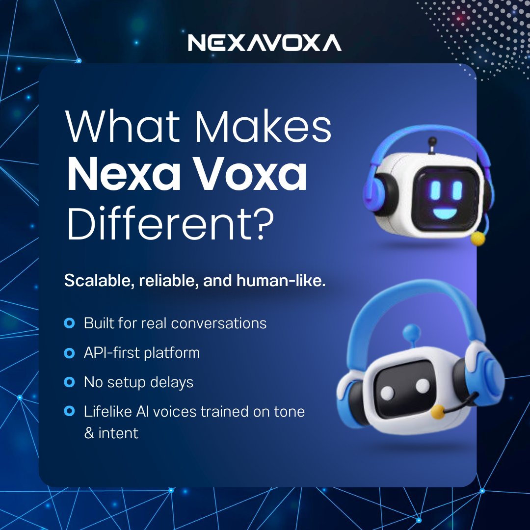 nexavoxa's tweet photo. Why settle for robotic AI when you can have real conversations?

Nexa Voxa is scalable, reliable, and truly human-like.
Visit us: https://t.co/LcRYFtszCp
The future of voice AI is here. #AI #VoiceTech #NexaVoxa https://t.co/QkCxxTFX2g
