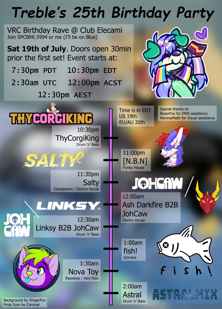 Fresh off my birthday, I'll be hosting a birthday party in VRC this weekend and you're invited!

Join in to chill as friends DJ thru the night and vibe this weekend.

Join via the group below this Saturday 19th @ 10:30pm EDT (2:30am UTC)

vrc.group/SPCBRK.5994