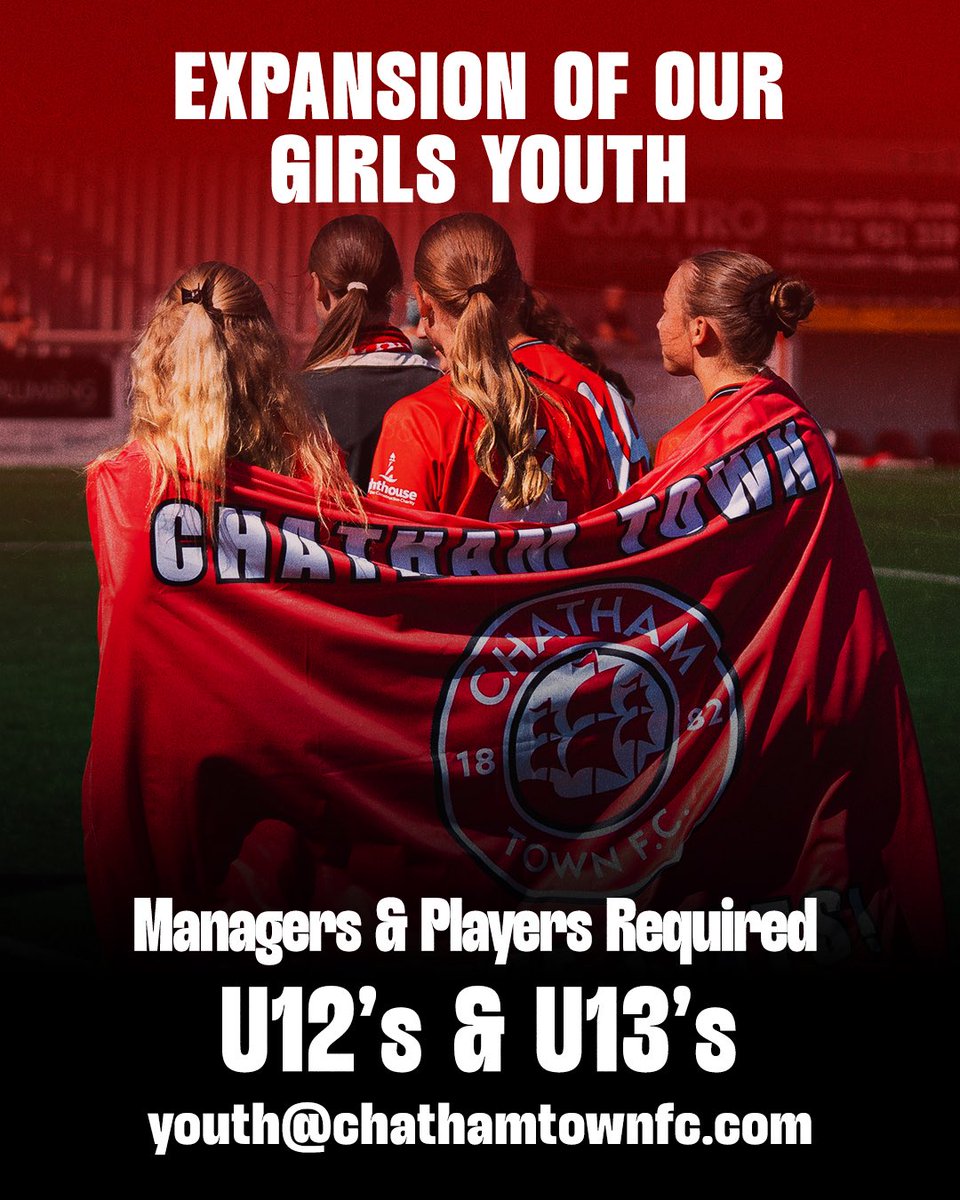 ChathamTownWFC's tweet image. Expansion of our girls youth! ๐พ๐ช
Managers and players required to fill U12โs and U13โs โ please make contact now if youโre interested!
๐ง contact: youth@chathamtownfc.com
๐ดโช๏ธโซ๏ธ #UpTheChats | #InThisTogether