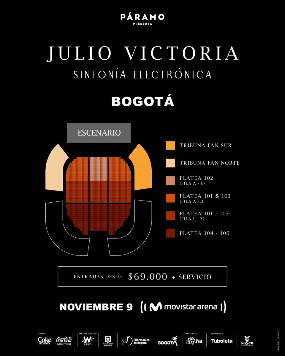 NUEVO ANUNCIO 🎻

JULIO VICTORIA presenta SINFONÍA ELECTRÓNICA en el Movistar Arena de Bogotá 📍

Acompáñelo este 9 de noviembre junto a la Orquesta Filarmónica de Mujeres de Bogotá a un show sin precedentes 👌🏻

Entradas desde 69k + servicio disponibles este viernes a las 9AM en