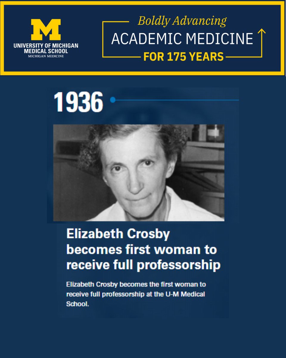 UMCDB's tweet image. Celebrating 175 years of Michigan Medicine by honoring Dr. Elizabeth Crosby, the first female professor at U-M Medical School in 1936. She paved the way in what is now our Dept. of Cell & Developmental Biology.
Learn more: michmed.org/GQkRj
#MichMed175 #UMICHResearch