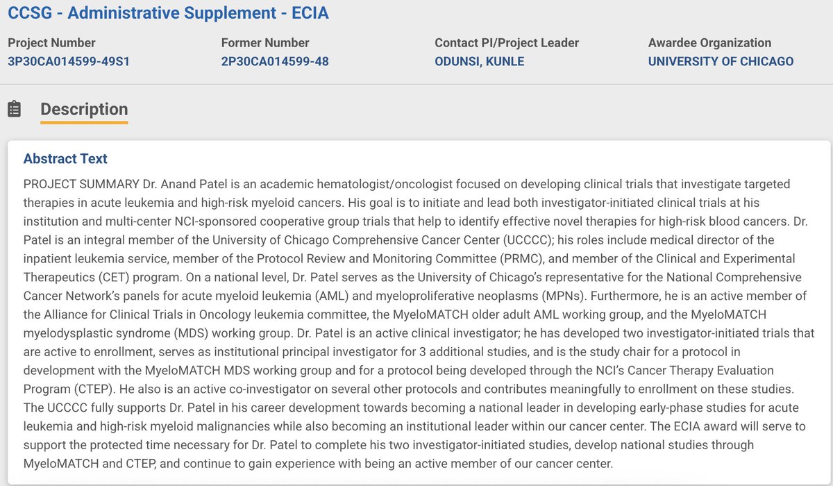 UChicagoLeuk's tweet image. a huge congratulations to @Anand_88_Patel for being selected for a @theNCI Early Career Investigator Award!
@UCCancerCenter @UChicagoHemOnc
reporter.nih.gov/search/5QB1uxC…