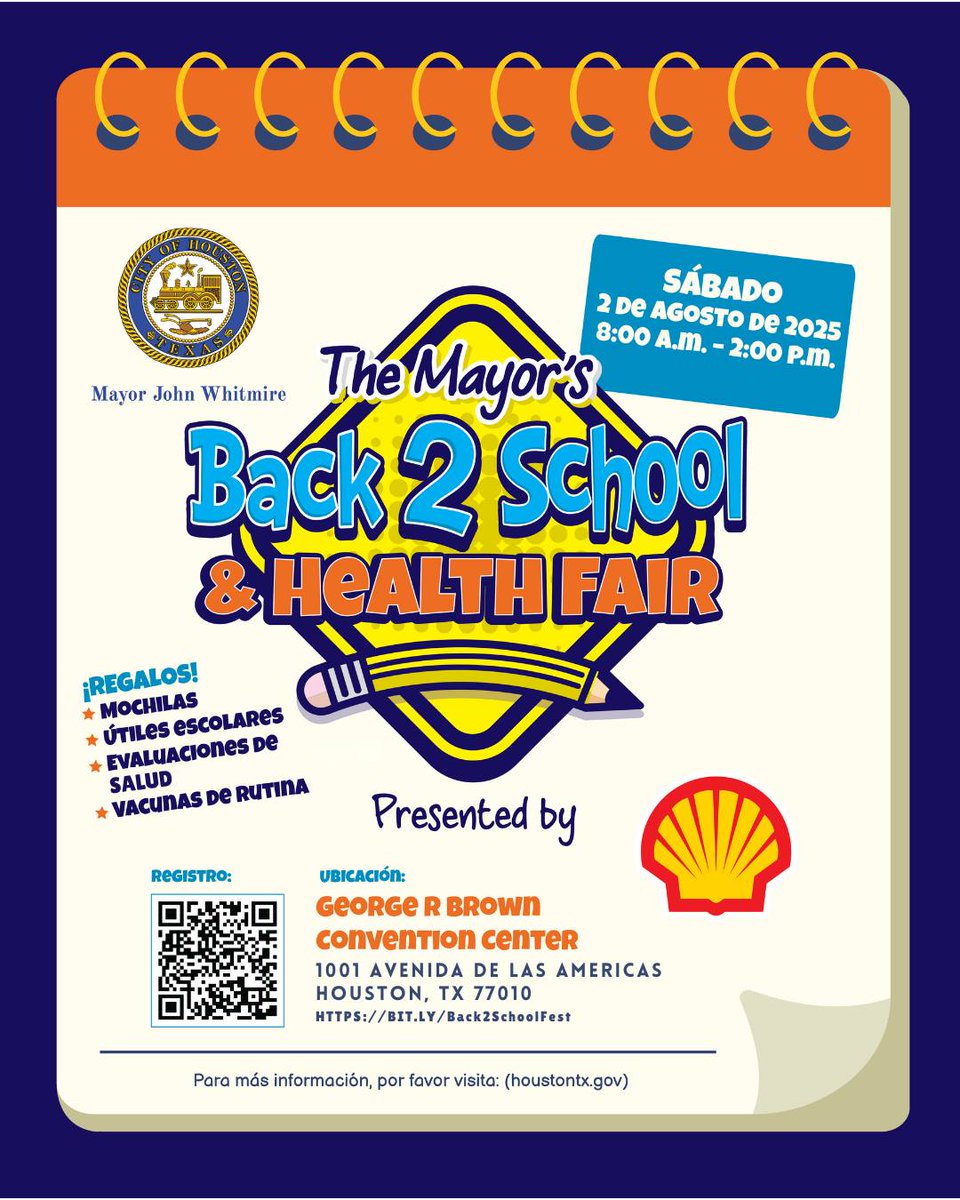 The City of Houston Mayor’s Office invites students and families to the Mayor’s Back to School Fest on Saturday, August 2, 2025! 📚🎒

Enjoy FREE backpacks, school supplies, health screenings, and other valuable resources to help you start the school year strong.