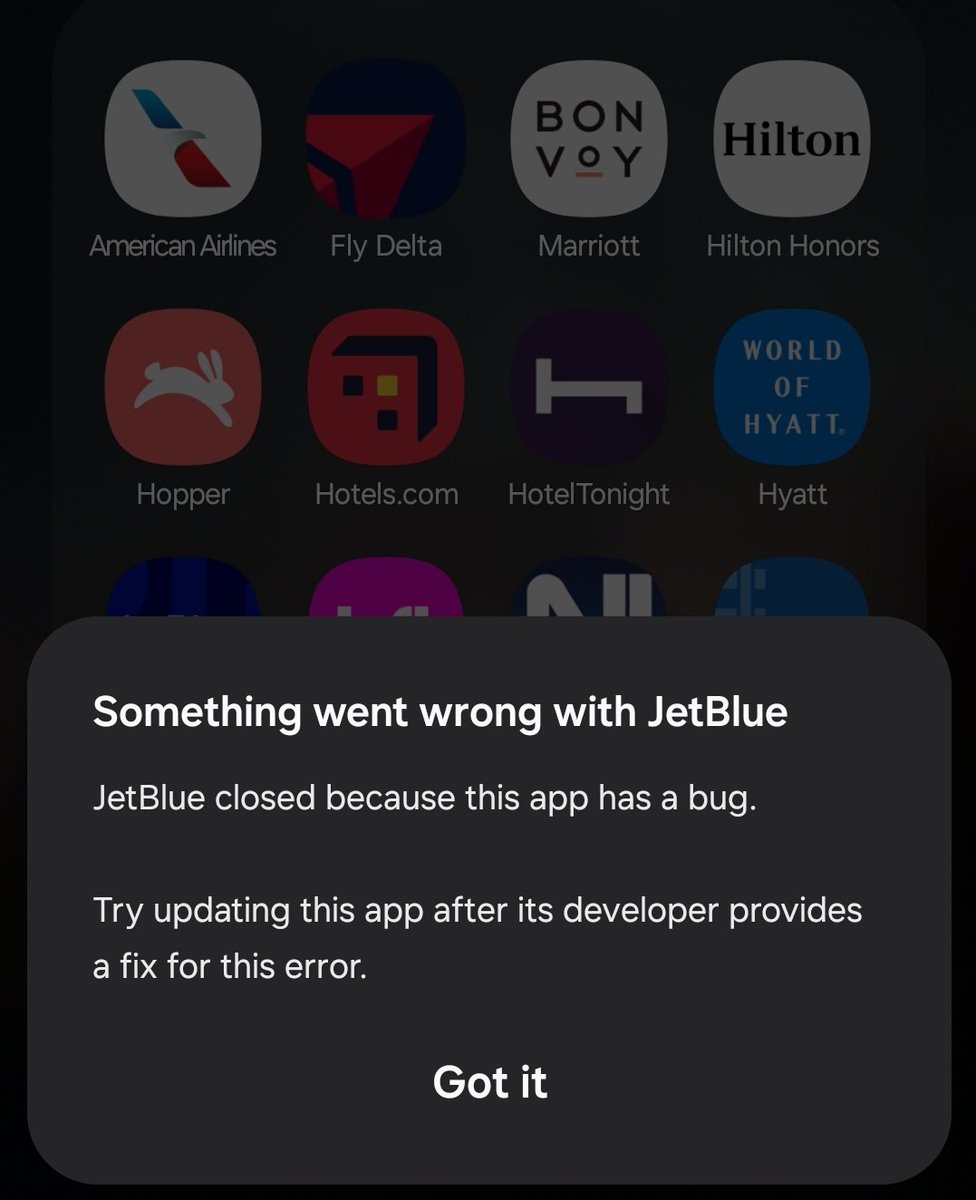 stacksx's tweet image. Uhhh @JetBlue, I have a flight Friday morning and my app isn&apos;t opening at all. There&apos;s no updates for it in the Play store either 😑