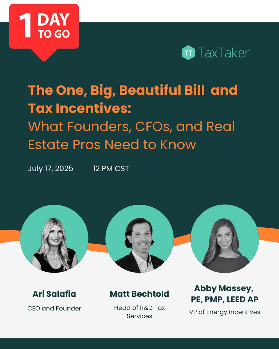 📢 1 day to go! The Big Beautiful Bill is now law—and major tax credits are changing.

Join us tomorrow at 12pm CST to learn what it means for R&amp;D, 179D, and more.

🔗 Register now: bit.ly/3Ts5Lb3

#TaxCredits #BBB #RDTaxCredit #179D #TaxStrategy #Webinar
