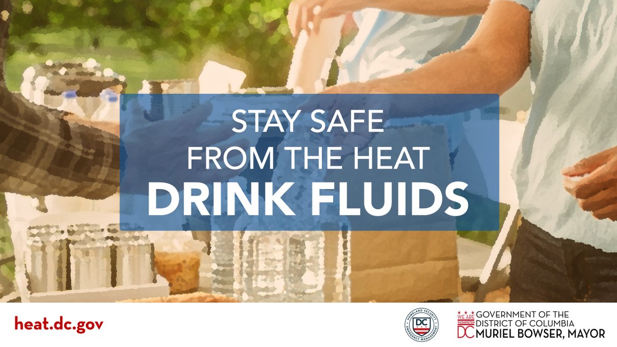 DC_HSEMA's tweet image. Stay safe from the heat, drink fluids!
💧Drink LOTS of water to prevent dehydration & heat-related illness, even if you don't feel thirsty.
💧Avoid sugary drinks, alcohol & caffeine. Choose water or drinks w/ electrolytes & sodium.
🔗heat.dc.gov