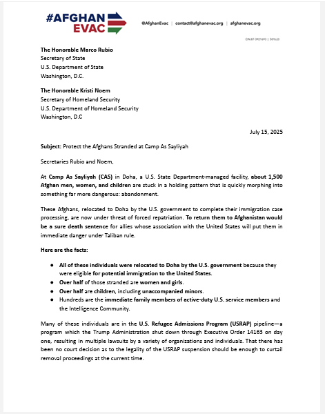 afghanevac's tweet image. Yesterday, we sent this letter to senior leadership at the @StateDept and @DHSgov, urging immediate action to help give our allies at Camp As Sayliyah some clarity about their future.
We urge the @Mofaqatar_EN to reject requests from the United States to repatriate Afghans held…