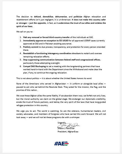 afghanevac's tweet image. Yesterday, we sent this letter to senior leadership at the @StateDept and @DHSgov, urging immediate action to help give our allies at Camp As Sayliyah some clarity about their future.
We urge the @Mofaqatar_EN to reject requests from the United States to repatriate Afghans held…