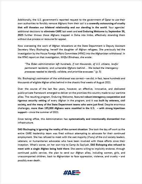 afghanevac's tweet image. Yesterday, we sent this letter to senior leadership at the @StateDept and @DHSgov, urging immediate action to help give our allies at Camp As Sayliyah some clarity about their future.
We urge the @Mofaqatar_EN to reject requests from the United States to repatriate Afghans held…