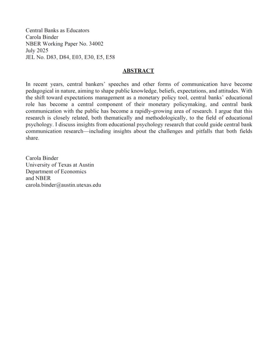 int_mon_econ's tweet image. Inspiring!
"Central Banks as Educators" by Carola Binder.
"With the shift toward expectations management as a monetary policy tool, central banks’ educational role has become a central component of their monetary policymaking, and central bank communication with the public has…