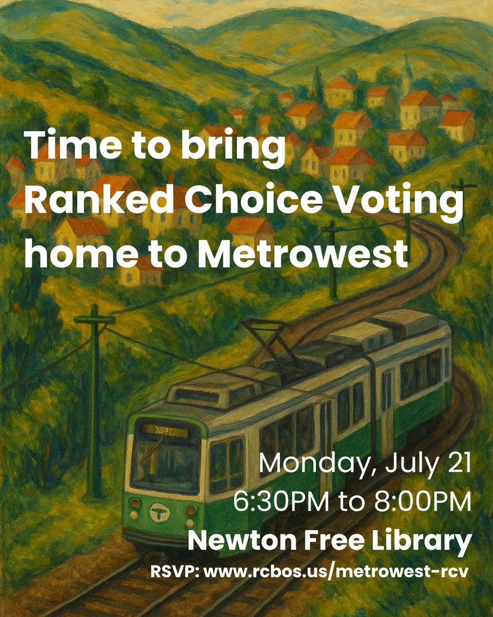 njlockwood's tweet image. Metrowest peeps - exciting organizing meeting to bring ranked choice to local elections! RSVP: rcbos.us/metrowest-rcv
#mapoli #bospoli #newton #brookline #wellesely #needham #waltham #weston