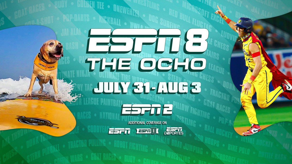 July 31-Aug. 3, the quirkiest &amp; most action-packed ESPN8: The Ocho yet returns to ESPN platforms

🏹30 seldom-seen sports make their #Ocho debut - the most ever

🏓ESPN Wide World of Sports Complex to host live events, The Ocho Show &amp; <a href="/SportsCenter/">SportsCenter</a>

🔗bit.ly/3GL9EVI