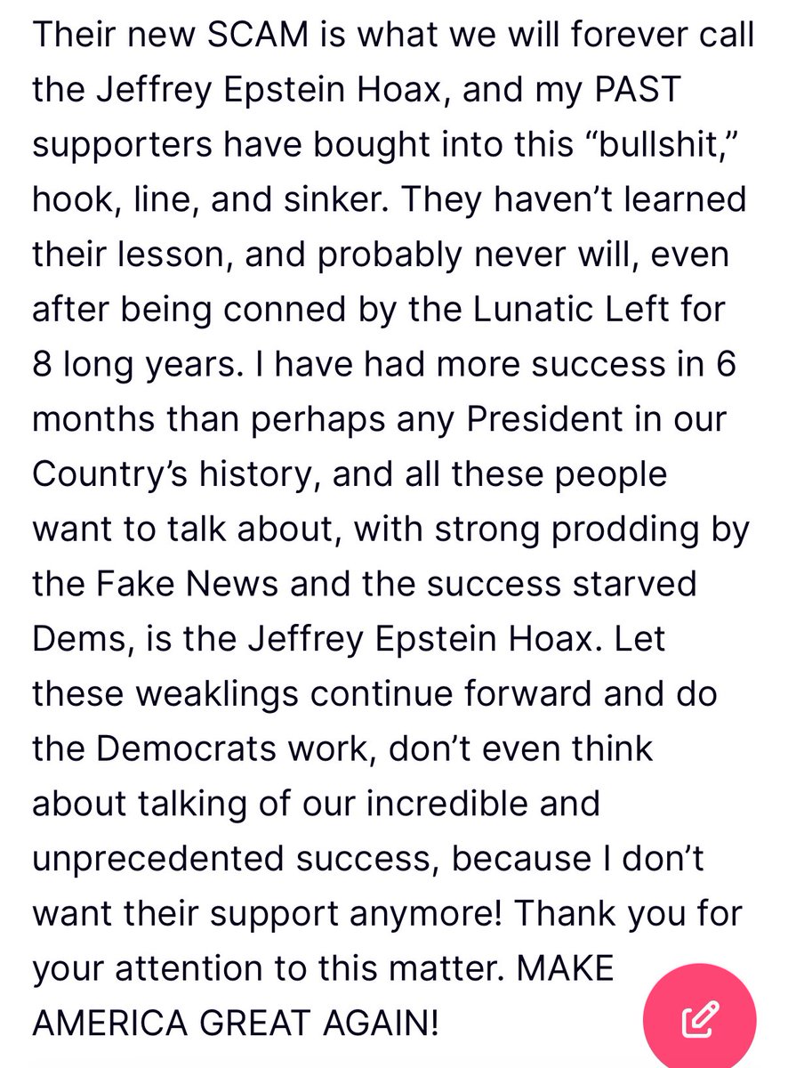 DashaBurns's tweet image. Trump’s anger over MAGA’s obsession with the Epstein case seems to be reaching a new level.
He’s blaming Dems but saying his own “PAST” supporters have bought into the “bullshit hook, line, and sinker” and saying he no longer wants their support… 👇