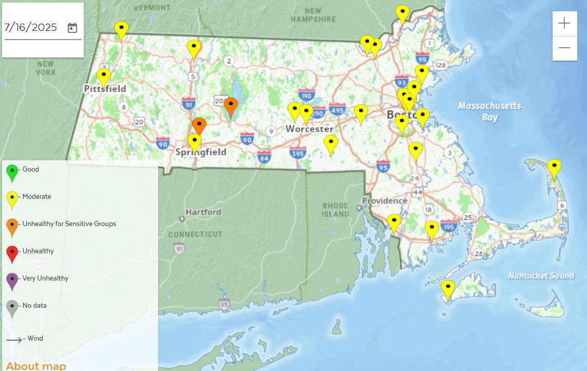 MassDEP's tweet image. 🚩Air Quality Advisory: #MassDEP has posted an Air Quality Advisory for sensitive populations, effective today, July 16 from 11am to 11pm for Hampshire and Hampden counties: eeaonline.eea.state.ma.us/dep/massair/we…