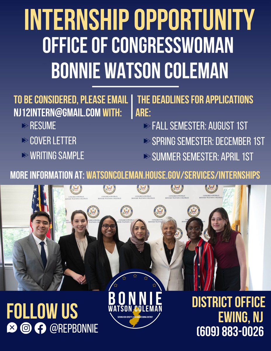 RepBonnie's tweet image. Hi folks! My office is accepting applicants for our Fall internship programs until August 1st. We have three programs: a Legislative internship in Washington D.C., a Constituent Services internship in Ewing NJ, and a Press/Digital internship (in DC or NJ). More info below: