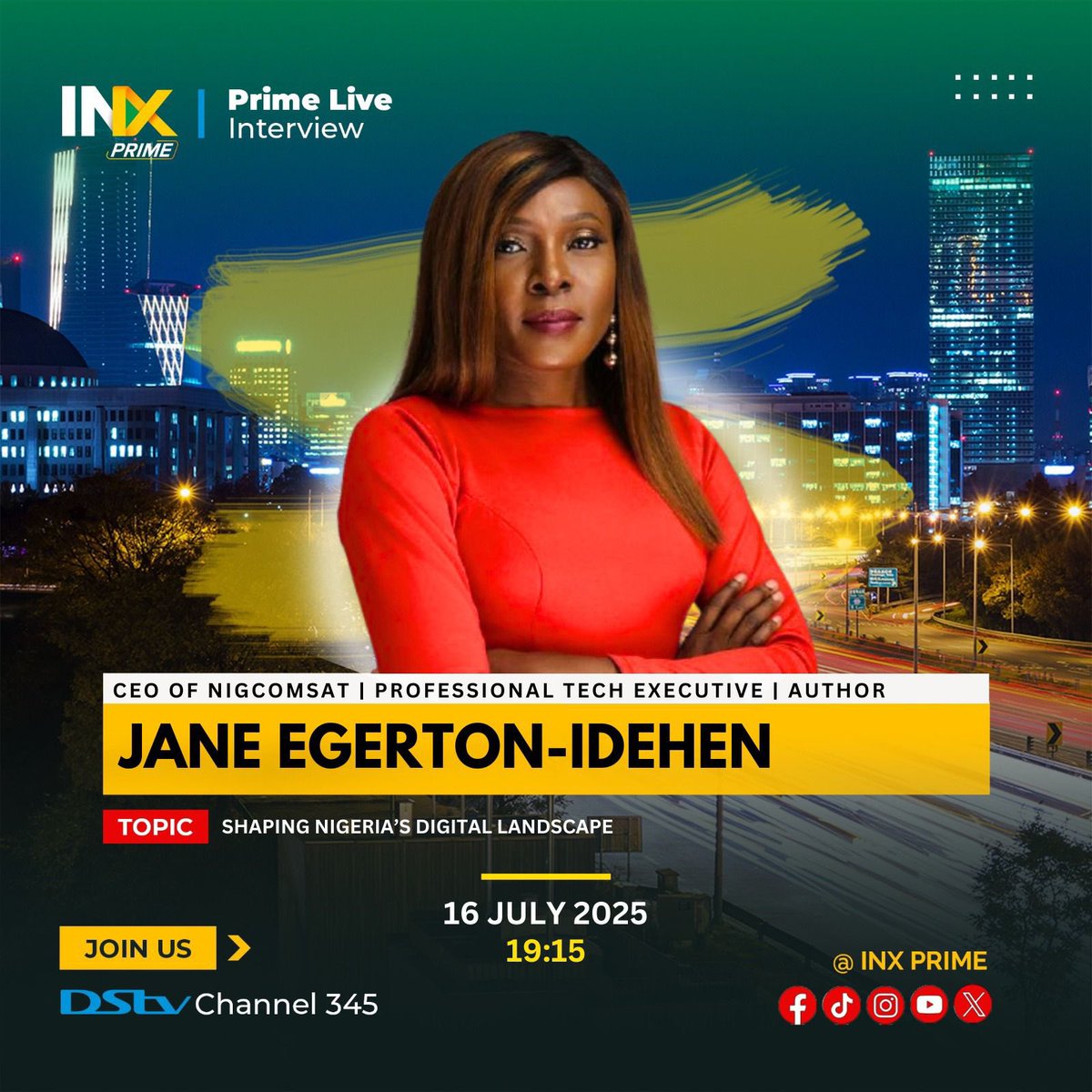 Join the CEO, <a href="/nk_amadi/">Jane</a>, live for an exclusive interview on <a href="/InxPrime/">INXPrime</a> as she shares insights on “Shaping Nigeria’s Digital Landscape,” from space tech to broadband connectivity &amp; digital inclusion.

Date: 16 July 2025
Time: 18:15 WAT

Also airing at 19:15 WAT on DStv Channel 345