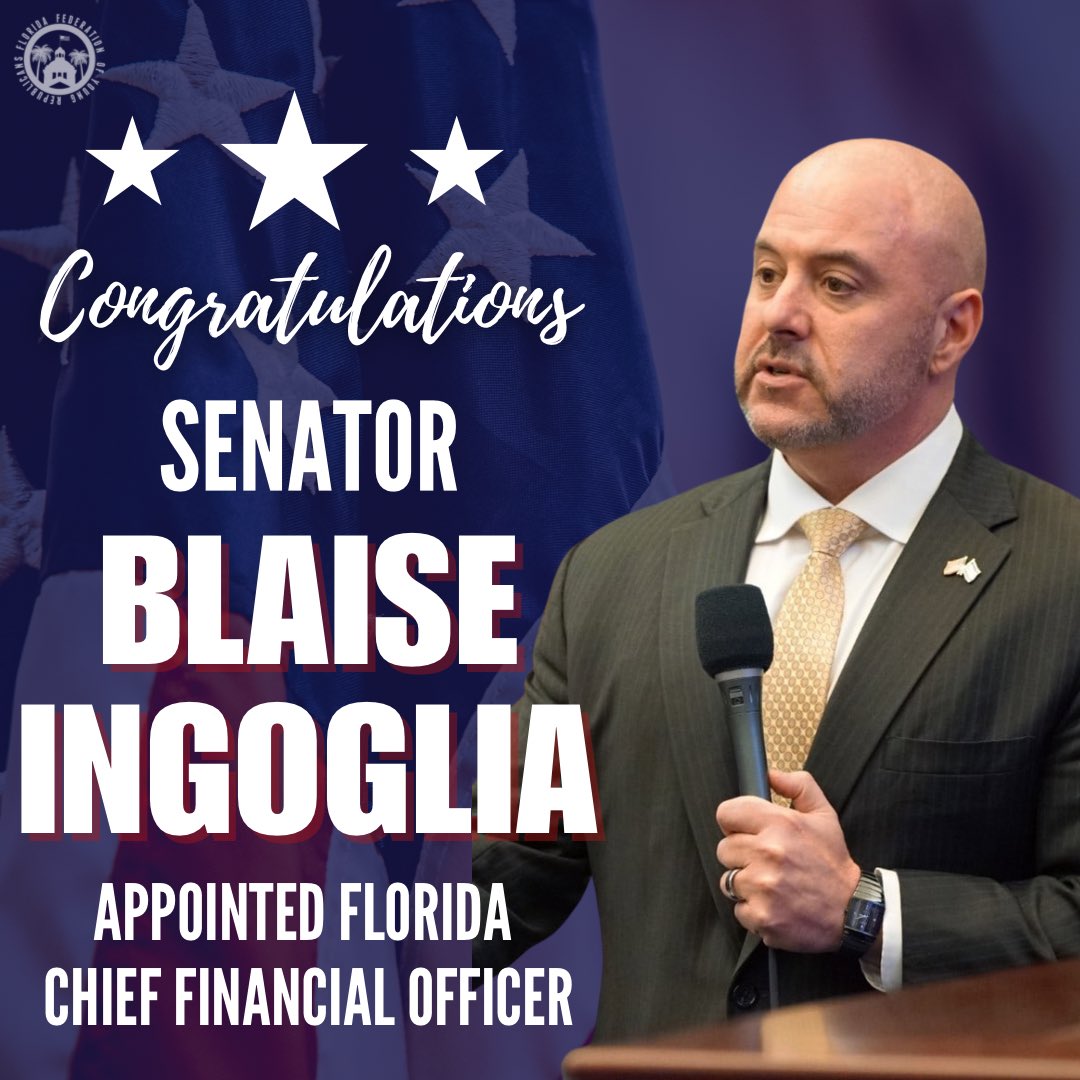 Florida Federation of Young Republicans (@ffyr) on Twitter photo Congratulations to Senator <a href="/GovGoneWild/">Blaise Ingoglia</a> on his appointment as Florida’s Chief Financial Officer.
Great choice by <a href="/GovRonDeSantis/">Ron DeSantis</a> to fulfill CFO, now Congressman, Jimmy Patronis’ term.
We know Blaise will do a great job! Congratulations to Senator <a href="/GovGoneWild/">Blaise Ingoglia</a> on his appointment as Florida’s Chief Financial Officer.
Great choice by <a href="/GovRonDeSantis/">Ron DeSantis</a> to fulfill CFO, now Congressman, Jimmy Patronis’ term.
We know Blaise will do a great job!
