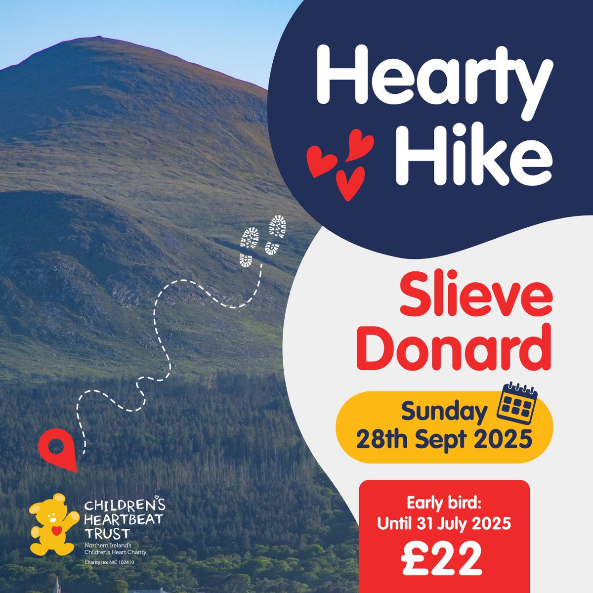 Chldns_Hrtbeat's tweet photo. Have you signed up to our Hearty Hike challenge yet? ⛰️👟

Join us at Slieve Donard this September and Take Big steps For Little Hearts.

There are just two weeks left to grab our early bird rate, so don't miss out!

Sign up here: https://t.co/SQkUHr8BMz https://t.co/9nJGeHlHJY