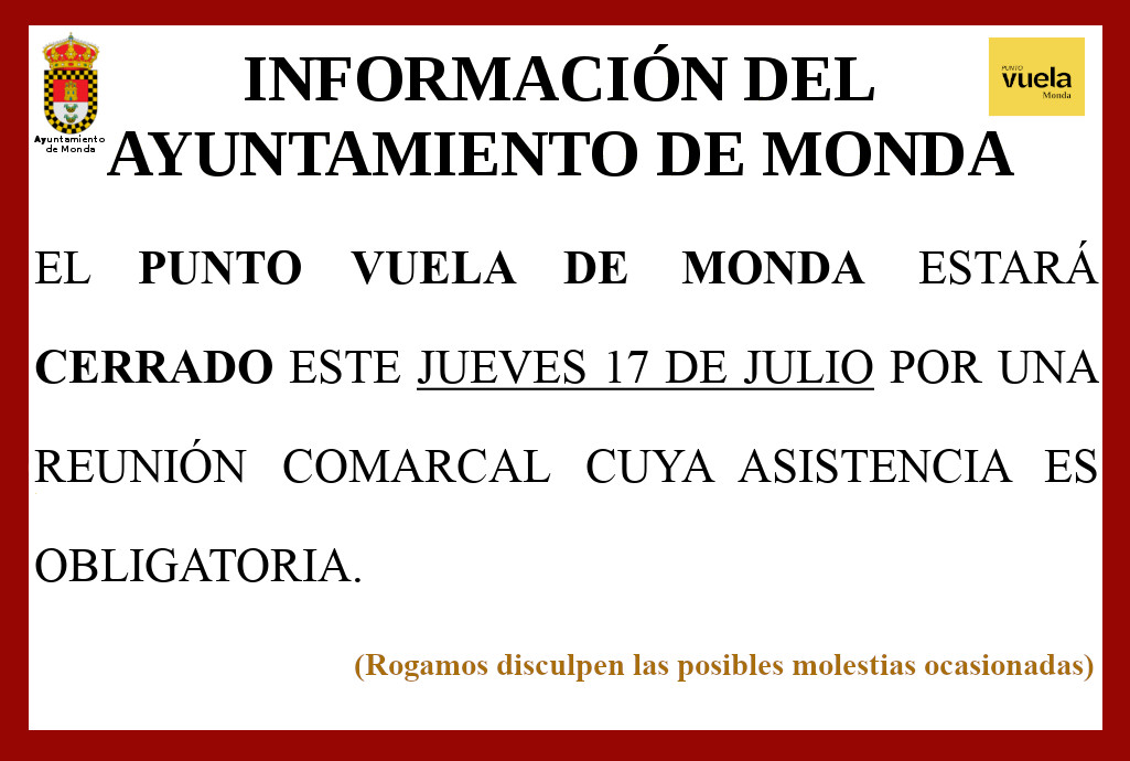 Punto Vuela Monda (@puntovuelamonda) on Twitter photo El jueves 17 de julio el <a href="/PuntoVuelaMonda/">Punto Vuela Monda</a> estará cerrado por acudir a una reunión comarcal cuya asistencia es obligatoria. En estas reuniones se comunican actuaciones y formación importante para el futuro del proyecto <a href="/PuntosVuela/">Puntos Vuela</a>.
Con <a href="/Manuel_DT/">Manuel Rodríguez</a> <a href="/Ayto_de_Monda/">Ayuntamiento Monda</a> <a href="/juanluiscruz_/">Juan Luis Cruz</a> El jueves 17 de julio el <a href="/PuntoVuelaMonda/">Punto Vuela Monda</a> estará cerrado por acudir a una reunión comarcal cuya asistencia es obligatoria. En estas reuniones se comunican actuaciones y formación importante para el futuro del proyecto <a href="/PuntosVuela/">Puntos Vuela</a>.
Con <a href="/Manuel_DT/">Manuel Rodríguez</a> <a href="/Ayto_de_Monda/">Ayuntamiento Monda</a> <a href="/juanluiscruz_/">Juan Luis Cruz</a>