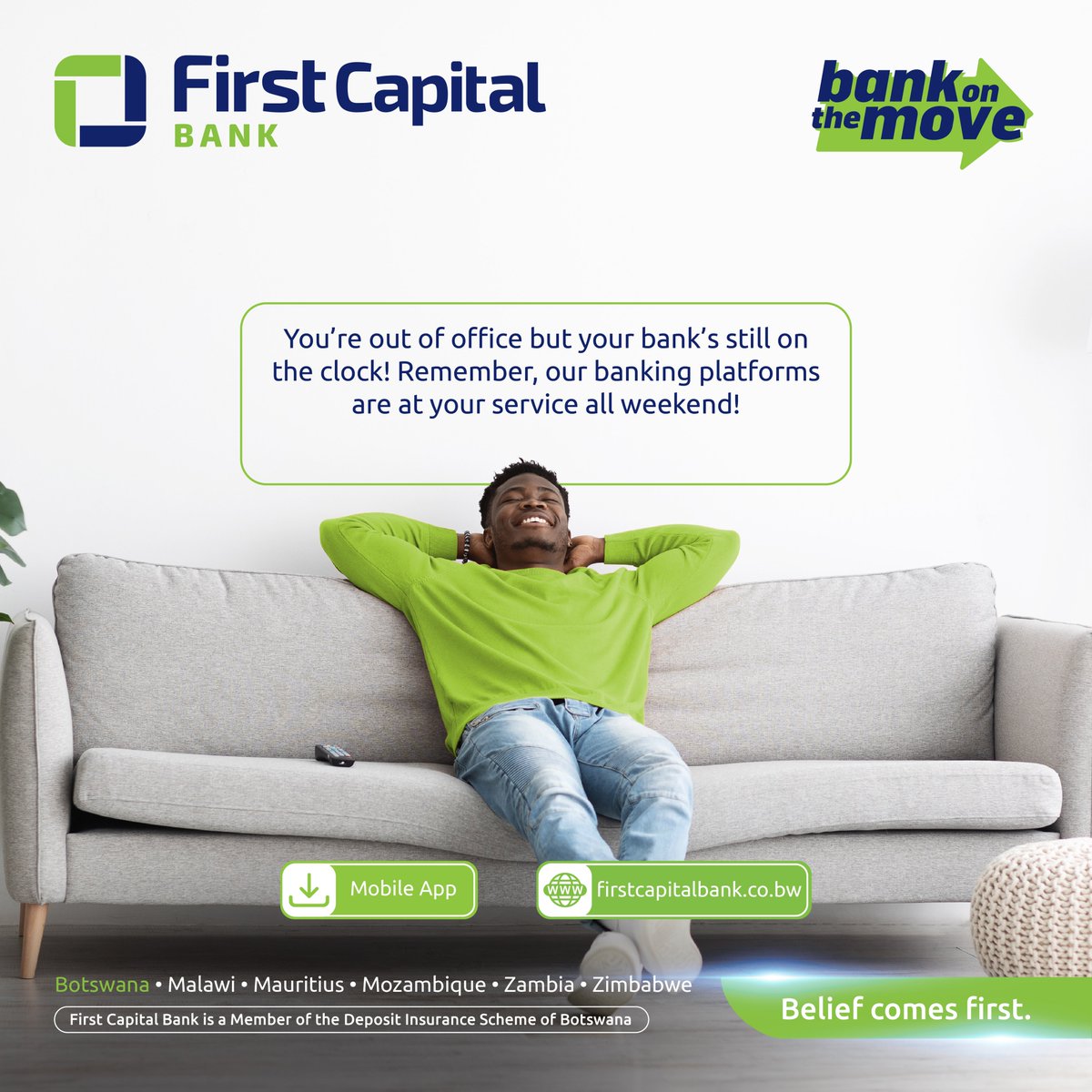 FirstCapital_Bw's tweet image. Long weekend plans? We've got your banking covered! 😎

Bank on the move with FCB Mobile App, Internet Banking, ATMs, and POS services - available 24/7 wherever you are.

#BankOnTheMove #BeliefComesFirst #FirstCapitalBank