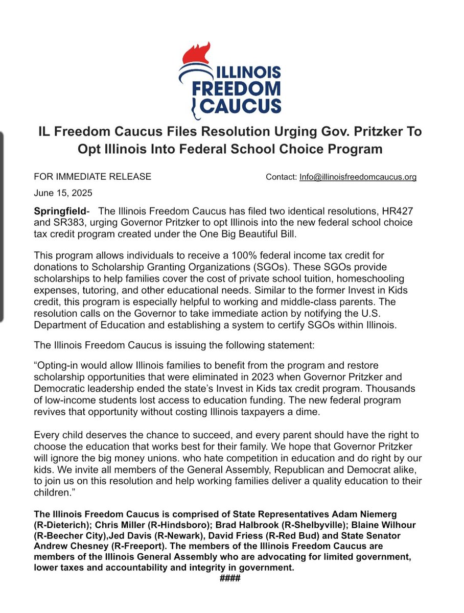 ILFreedomCaucus's tweet image. Illinois has an opportunity thanks to the OBBB to bring educational freedom and scholarship opportunities back to working families. It doesn't cost IL a DIME!
Illinois students will miss out if we don't opt in, and all it takes is a yes from @GovPritzker
OPT ILLINOIS IN!