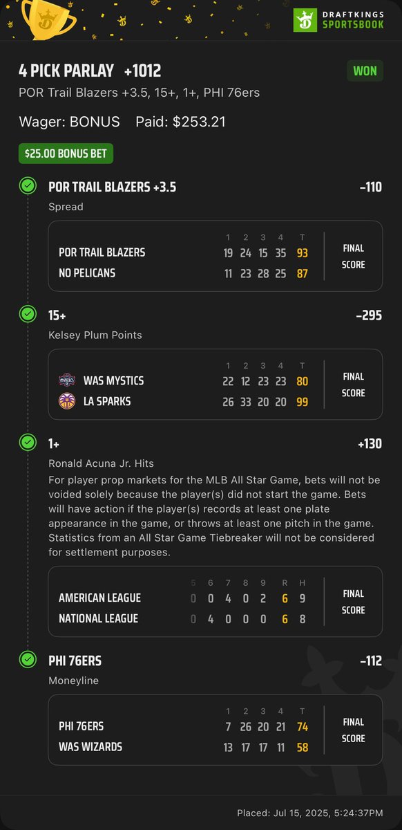 LockerRoomShark's tweet photo. We crushed all star break 🦍

NL ML✅
Acuna hit ✅
Ohtani hit ✅
Skenes first pitch strike ✅

Caminero to make derby finals✅

+1012 Basketball/Baseball Lotto ✅

Get in where you fit in. https://t.co/UzeuGdPmgQ