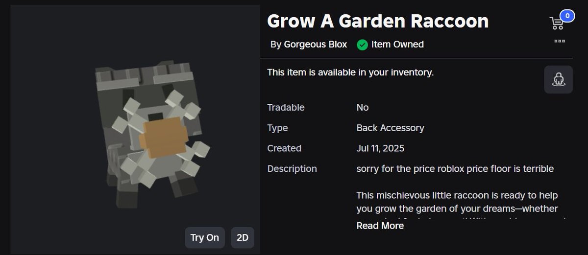 Grow A Garden Raccoon is Now onsale on Roblox.

If you like it then make sure to buy it or like and rt this tweet to support 🩷

roblox.com/catalog/912607…

30 likes for Free limited code drop 🌸

#RobloxDev
#RobloxUGC
#robloxugclimited #growagarden