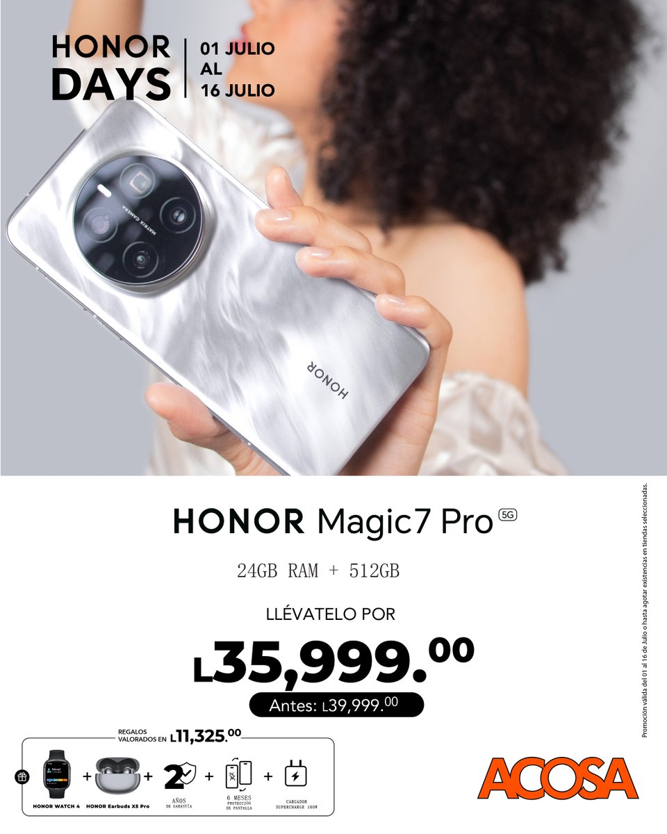ACOSAHN's tweet photo. 📱 ¡Último dia de los #HONORDays a #ACOSA! Del 1 al 16 de julio aprovecha descuentos en modelos como #Magic7Pro, #Magic7Lite, #X7c, #X5b y más. ¡Incluyen regalos y están listos para ti!
💻 Compra en https://t.co/cbLXu9vzsQ | WhatsApp 🟢 https://t.co/wxLIkxzzoa https://t.co/2BJkFvIVQE