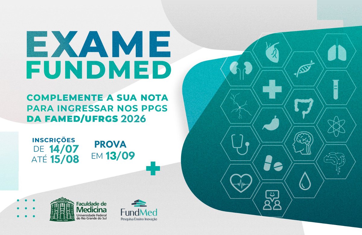 Atenção para as datas da inscrição e da prova do Exame Fundmed:

📅 Inscrições: de 14/07 a 15/08
📝Prova: em 13/09
🌐 Mais informações: fundmed.org.br/ensino

Acesse o Curso Preparatório para a Prova em nosso site: ufrgs.br/ppgcm/curso-pr…