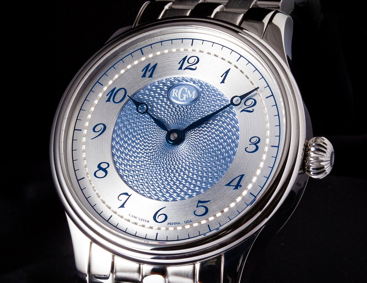 RGMWatchCompany's tweet photo. A custom RGM Model 801 with the sub-second removed and a light blue lacquer over the hand-cut Guilloché.  

#rgmwatchco #rgmwatches #rgmwatch #watch #wristwatch #watchmaking #watchmaker #guillochedial #engineturneddial #bespokewatch #customwatch 
#bluedial #bluedialwatch https://t.co/hWFC61740r
