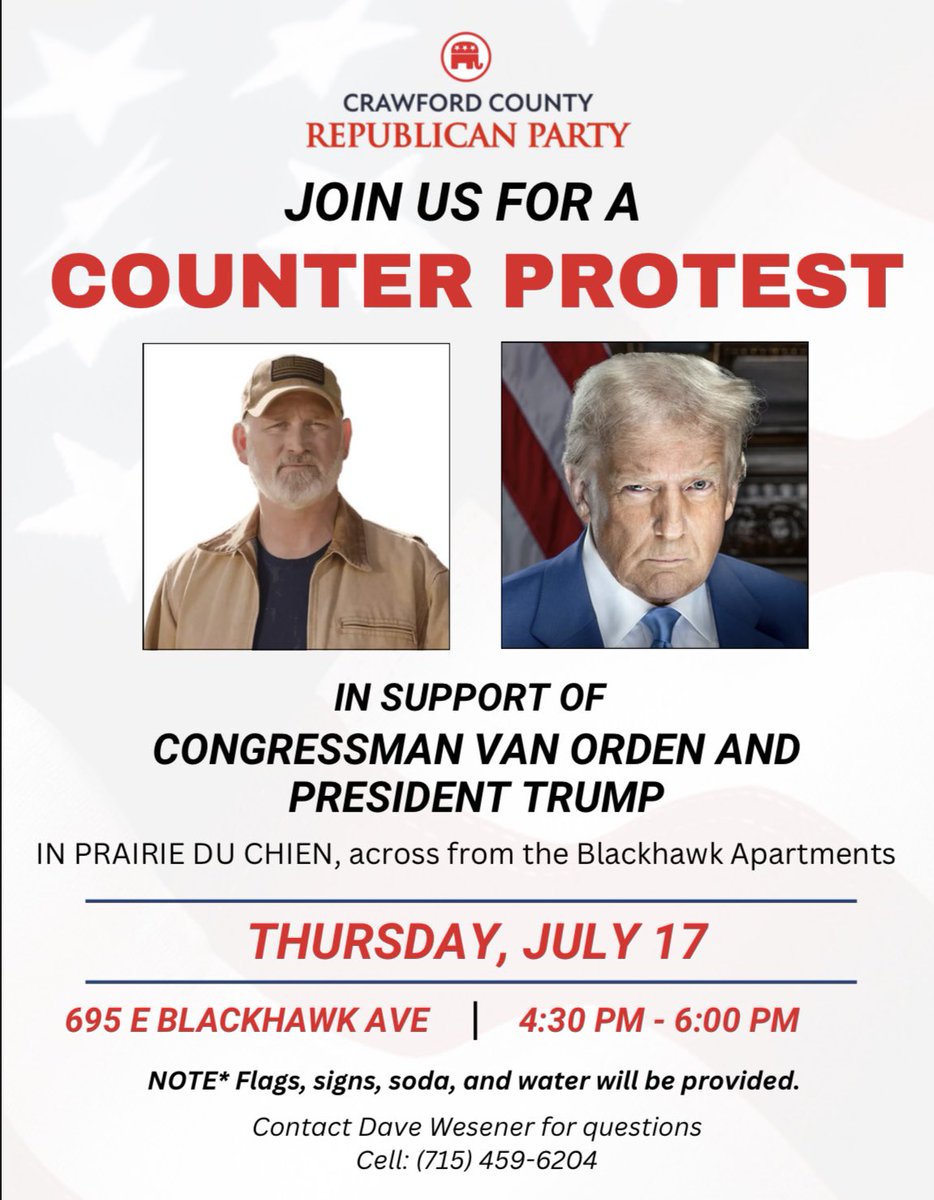 As President Trump &amp; Congressman Van Orden keep fight, fight, fighting for us we can return the favor! 

Join Crawford County GOP in putting a stop to the Left’s agenda and standing up for those who stand up for us! <a href="/WisGOP/">Wisconsin GOP</a>
