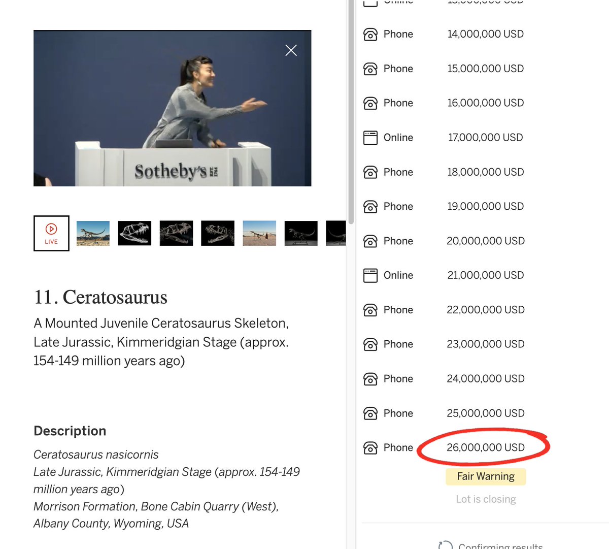 OnRallyRd's tweet image. A Ceratosaurus skeleton, 1 of only 4 in the world and the only juvenile example, just sold @Sothebys for over $30,000,000 including buyers premium.
It's small enough to fit in your living room.
🤯