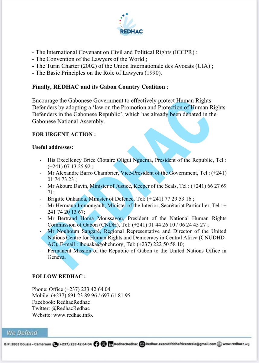 🇬🇦Dear partners, 
Please accept REDHAC's urgent appeal concerning the threats, intimidation and attempted arrest of Maitre Gisèle EYUE BEKALE, a lawyer at the Gabonese and Paris Bars, counsel for Mr Nouredin Bongo Valentin, by the Gabonese authorities.
#NEVERGIVEUP #HUMANRIGHTS