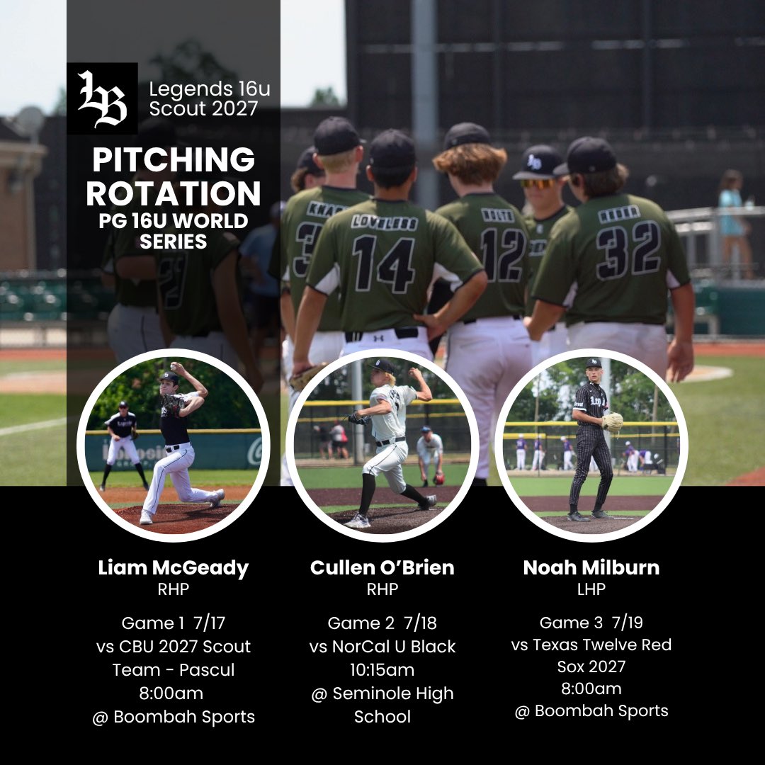 Legends Scout 2027 (@cincylegends27) on Twitter photo Pitching Rotation for the PG 16u World Series 7/17-7/21 Sanford, FL
Game 1 - RHP Liam McGeady <a href="/liammcgeady44/">Liam McGeady</a>
Game 2 - RHP Cullen O’Brien
<a href="/CullenO_3/">Cullen</a>
Game 3 - LHP Noah Milburn/RHP Landon Vennettilli in relief
<a href="/1_nmilburn/">Noah Milburn</a> <a href="/LVennettilli189/">Landon Vennettilli</a> Pitching Rotation for the PG 16u World Series 7/17-7/21 Sanford, FL
Game 1 - RHP Liam McGeady <a href="/liammcgeady44/">Liam McGeady</a>
Game 2 - RHP Cullen O’Brien
<a href="/CullenO_3/">Cullen</a>
Game 3 - LHP Noah Milburn/RHP Landon Vennettilli in relief
<a href="/1_nmilburn/">Noah Milburn</a> <a href="/LVennettilli189/">Landon Vennettilli</a>