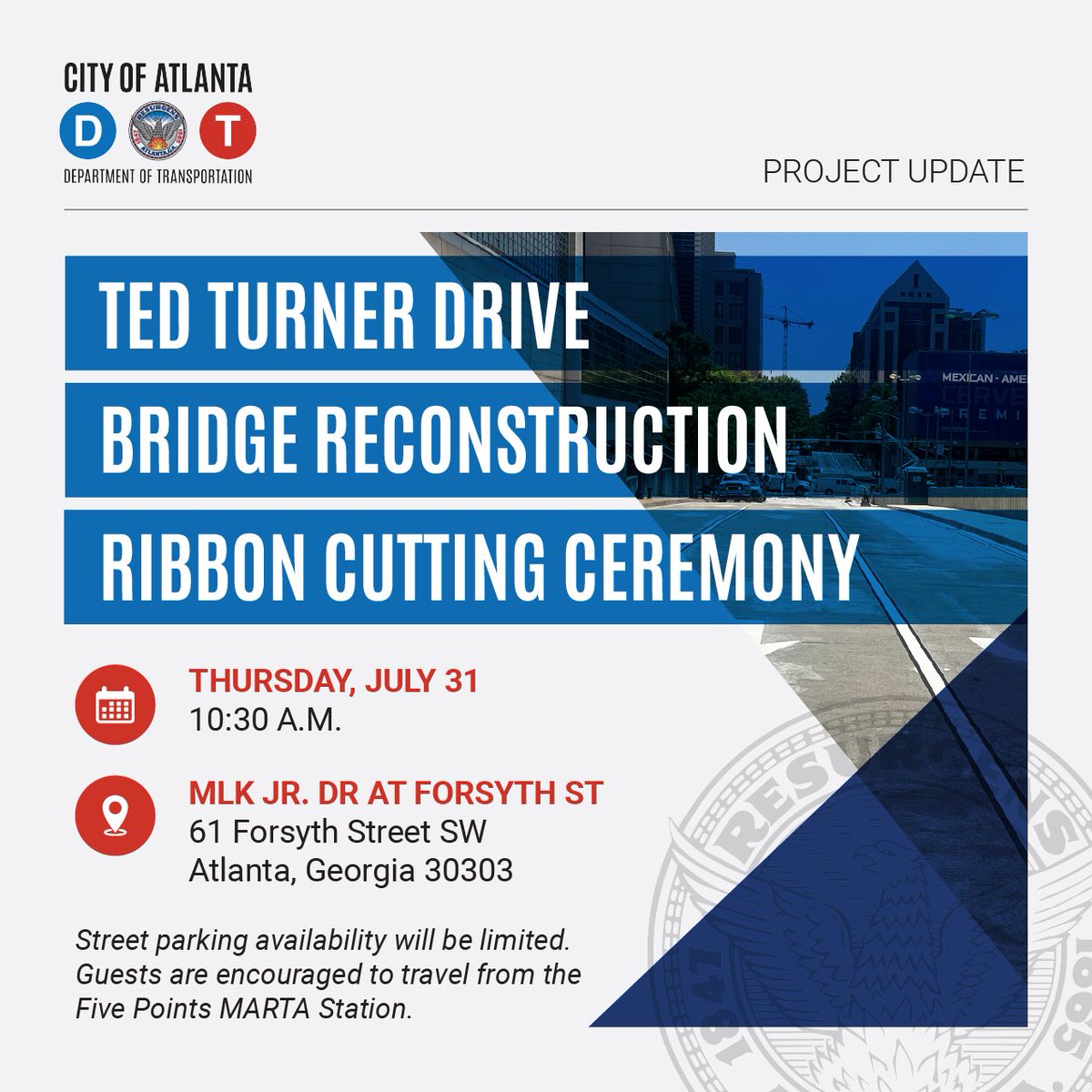 ICYMI, a major connection reentered the Downtown Atlanta transportation network! The new and improved bridges at Ted Turner Drive and Martin Luther King, Jr. Drive are back in service. Join us for the ribbon cutting to mark construction as complete!
#MovingAtlantaForward