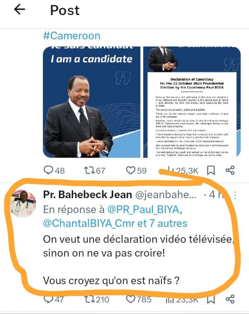 audace_radio's tweet photo. Voici une version réduite pour Twitter (X) :

🔥🇨🇲 Présidentielle 2025 : Le Pr. Bahebeck Jean réclame une déclaration vidéo télévisée de Paul BIYA !
🗣️ "Vous croyez qu’on est naïfs ?"
📌 Le doute plane, les internautes s’interrogent... #PaulBiya #Présidentielle2025 #Cameroun https://t.co/QyJ4z6nbyV