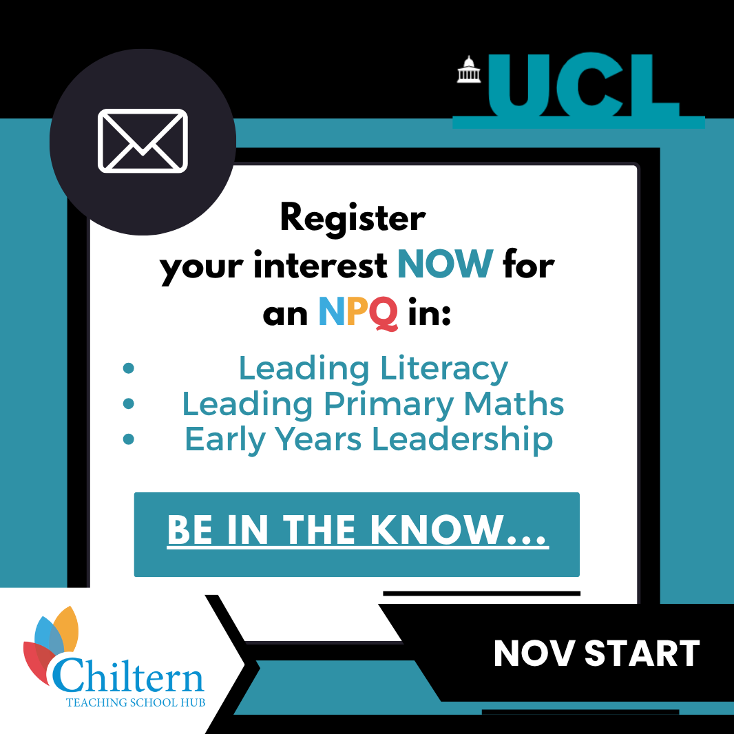 ChilternTSH's tweet image. 🎒In education?
❓Looking to develop your career & knowledge?
⏰ Then it's time to do one of three NPQ with UCL
📅 Nov start
💫 Register your interest now...
ucl.ac.uk @ucl #NPQs