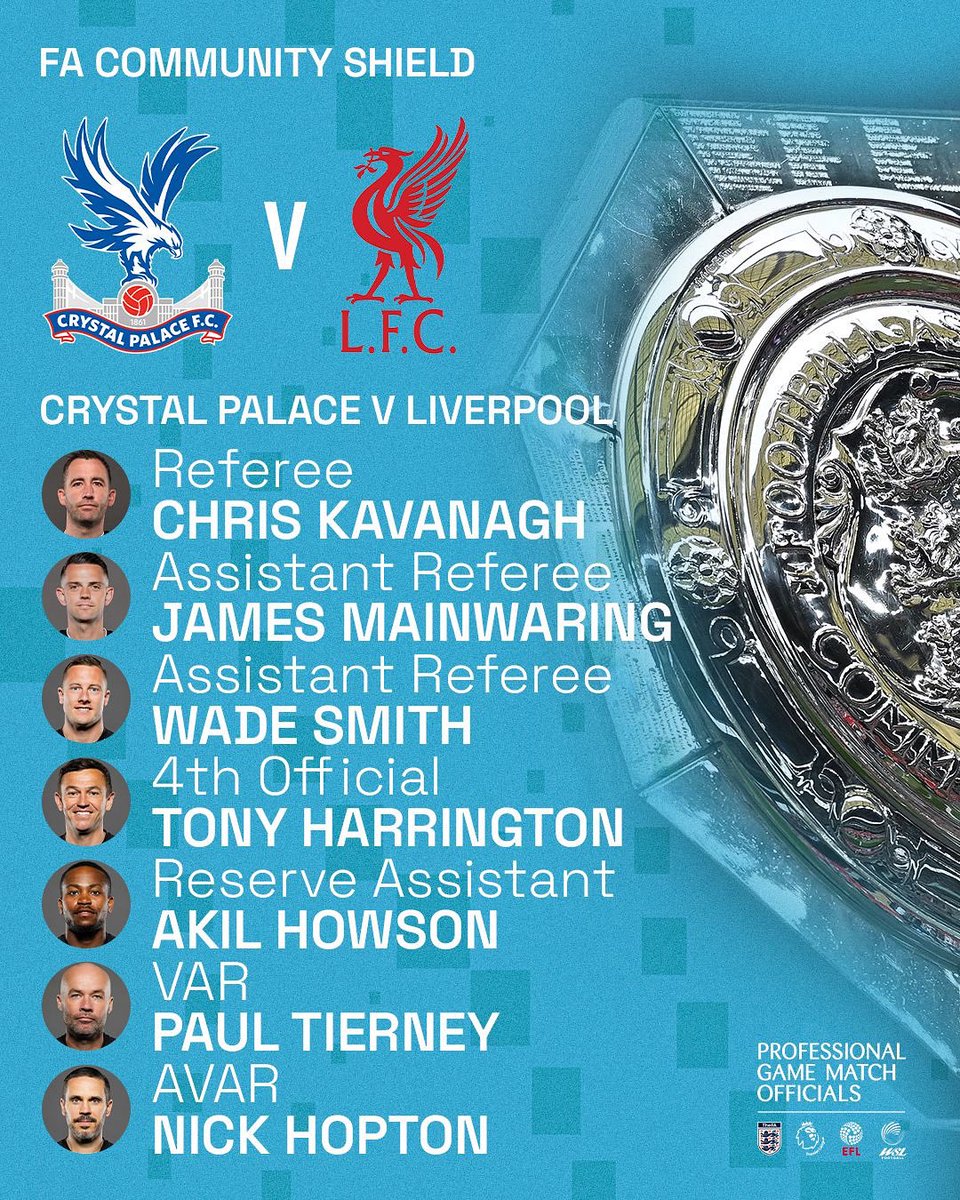 PGMOL (@fa_pgmol) on Twitter photo The match officials for the 2025 FA Community Shield have been confirmed 🏆
<a href="/FARefereeing/">FA Refereeing</a> The match officials for the 2025 FA Community Shield have been confirmed 🏆
<a href="/FARefereeing/">FA Refereeing</a>