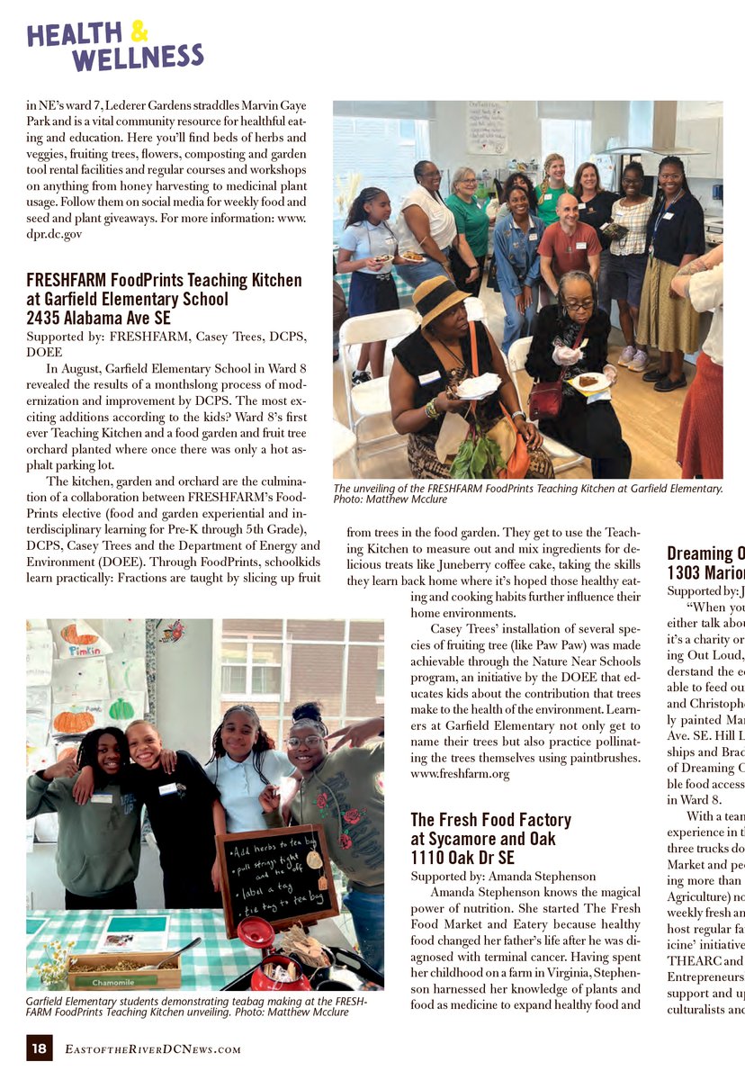 dcpublicschools's tweet image. Flip to page 18 in East of the River Magazine to learn about Ward 8&apos;s first ever Teaching Kitchen👩🏾‍🍳 located at the modernized @Garfield_DCPS! Thanks to a collaboration with @FRESHFARMDC, @CaseyTrees, and @DOEE_DC, the school also has a garden and fruit tree orchard🌳
